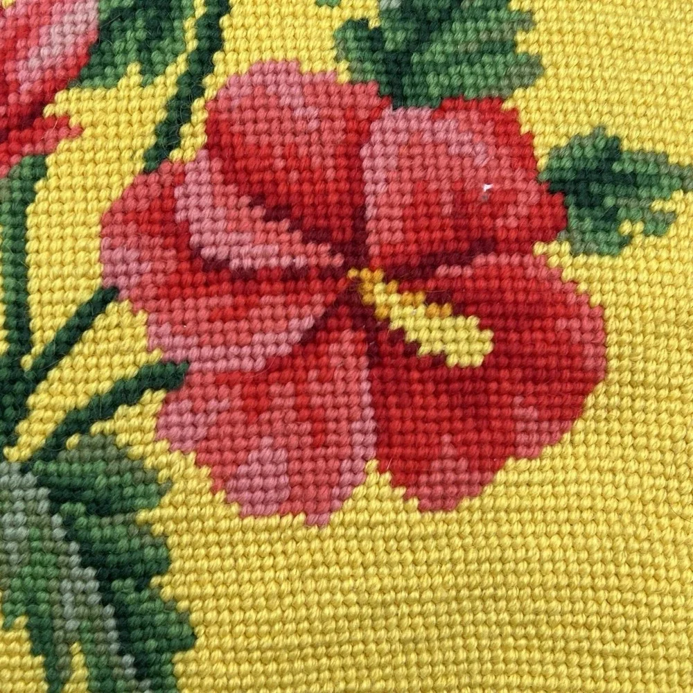 VTG Floral Tapestry Pillow Yellow w/ Bright flowers Needlepoint 15x15 Velvet Bck